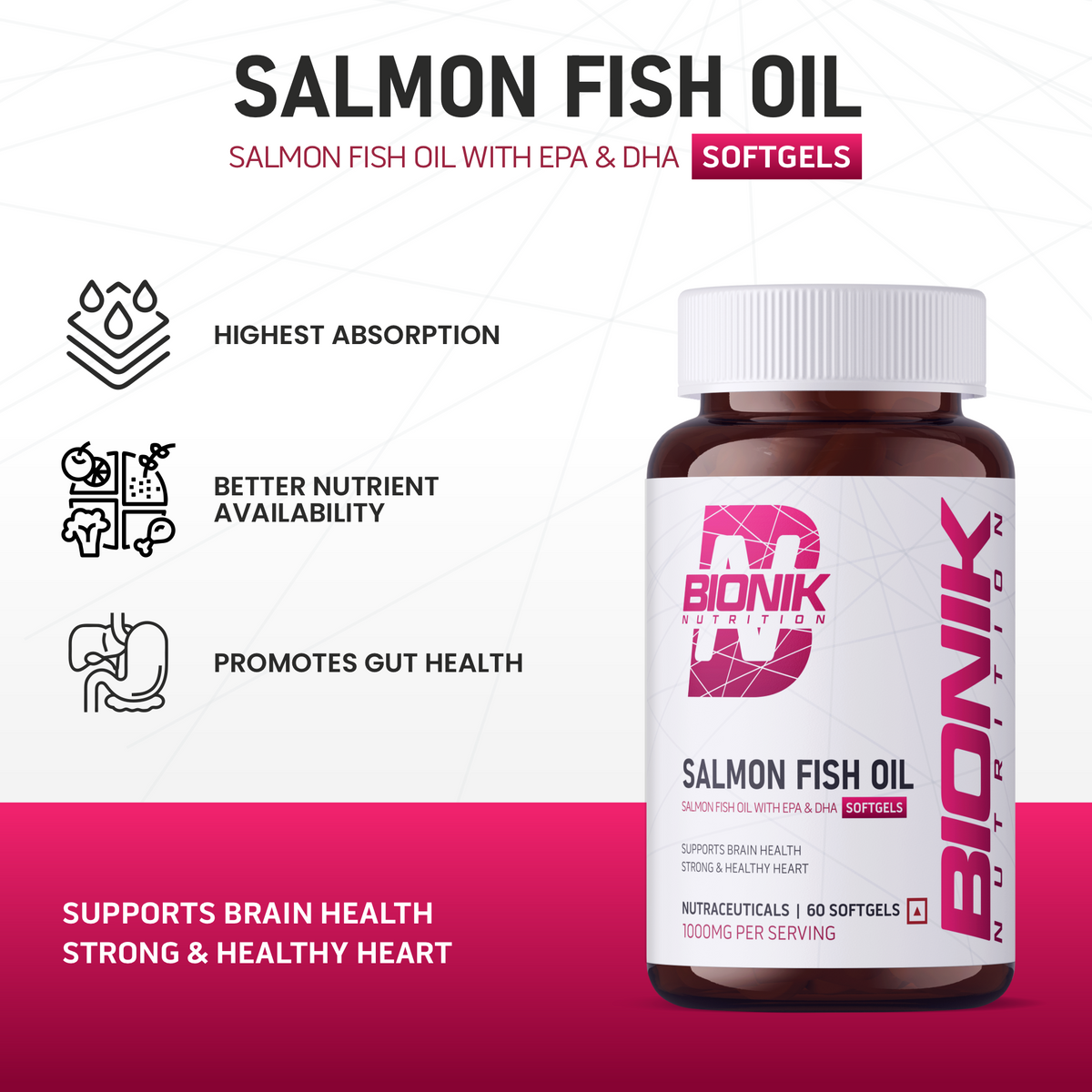 BIONIK NUTRITION Salmon Fish Oil Softgels Omega 3 with EPA and DHA, 60 softgels in a bottle.