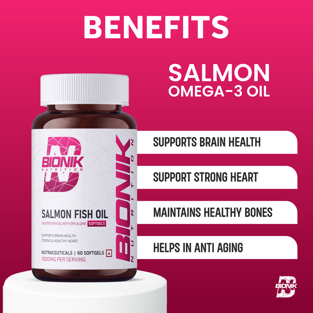BIONIK NUTRITION Salmon Fish Oil Softgels with EPA and DHA, omega-3 supplement in 60 softgels bottle.