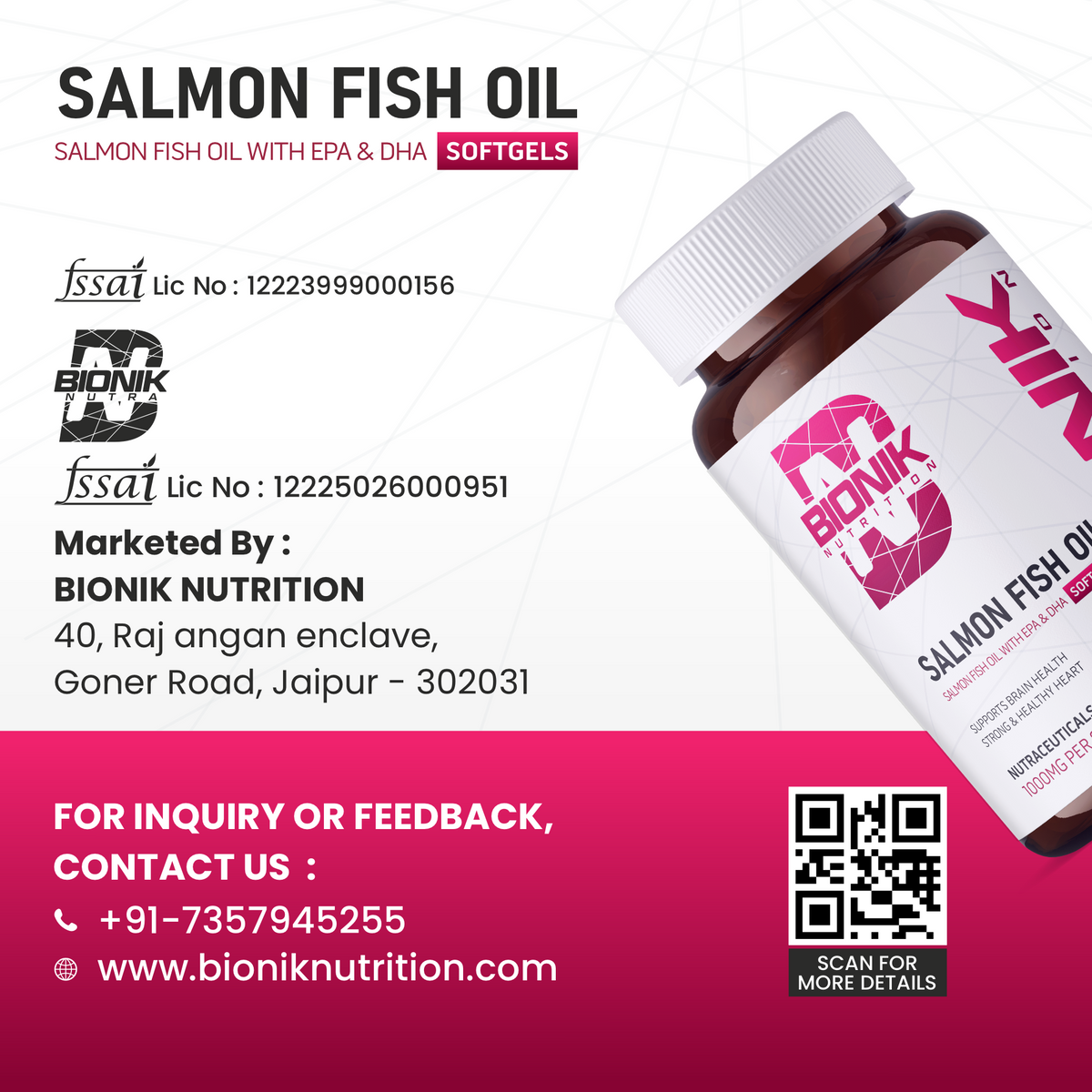 BIONIK NUTRITION Salmon Fish Oil Softgels with EPA and DHA, Omega 3 supplement, 60 softgels in bottle.