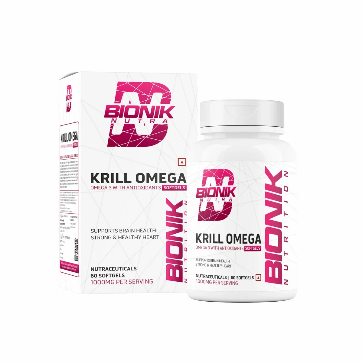 BIONIK NUTRITION Krill Omega Softgels bottle with 60 softgels, containing EPA, DHA, and astaxanthin for omega-3 health.