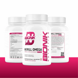 BIONIK NUTRITION Krill Omega Softgels bottle showing 60 softgels with EPA, DHA, and astaxanthin for heart health.