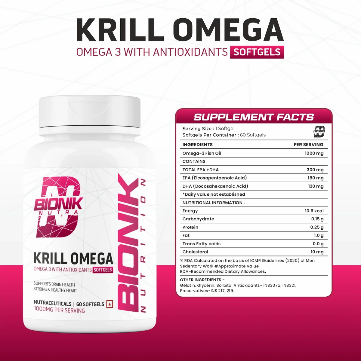 BIONIK NUTRITION Krill Omega Softgels bottle containing 60 softgels, featuring EPA, DHA, and astaxanthin for omega 3 health.