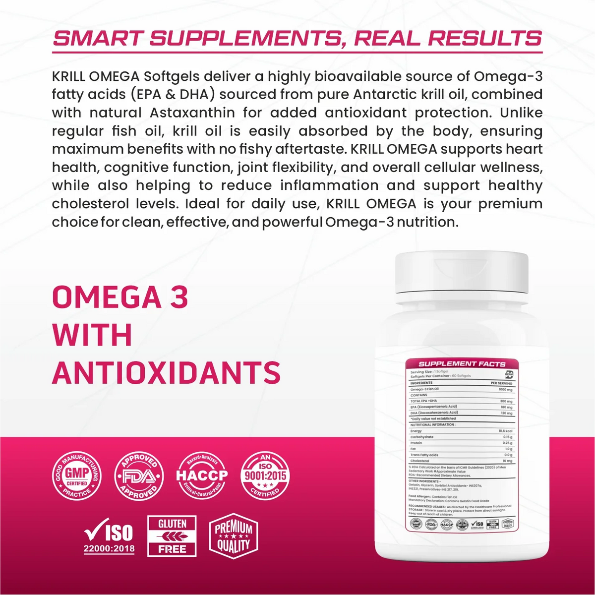 BIONIK NUTRITION Krill Omega Softgels bottle showing 60 softgels, EPA, DHA, and astaxanthin for omega 3 health support.