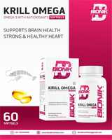 BIONIK NUTRITION Krill Omega Softgels bottle showing 60 softgel capsules with label highlighting EPA, DHA, and Astaxanthin.