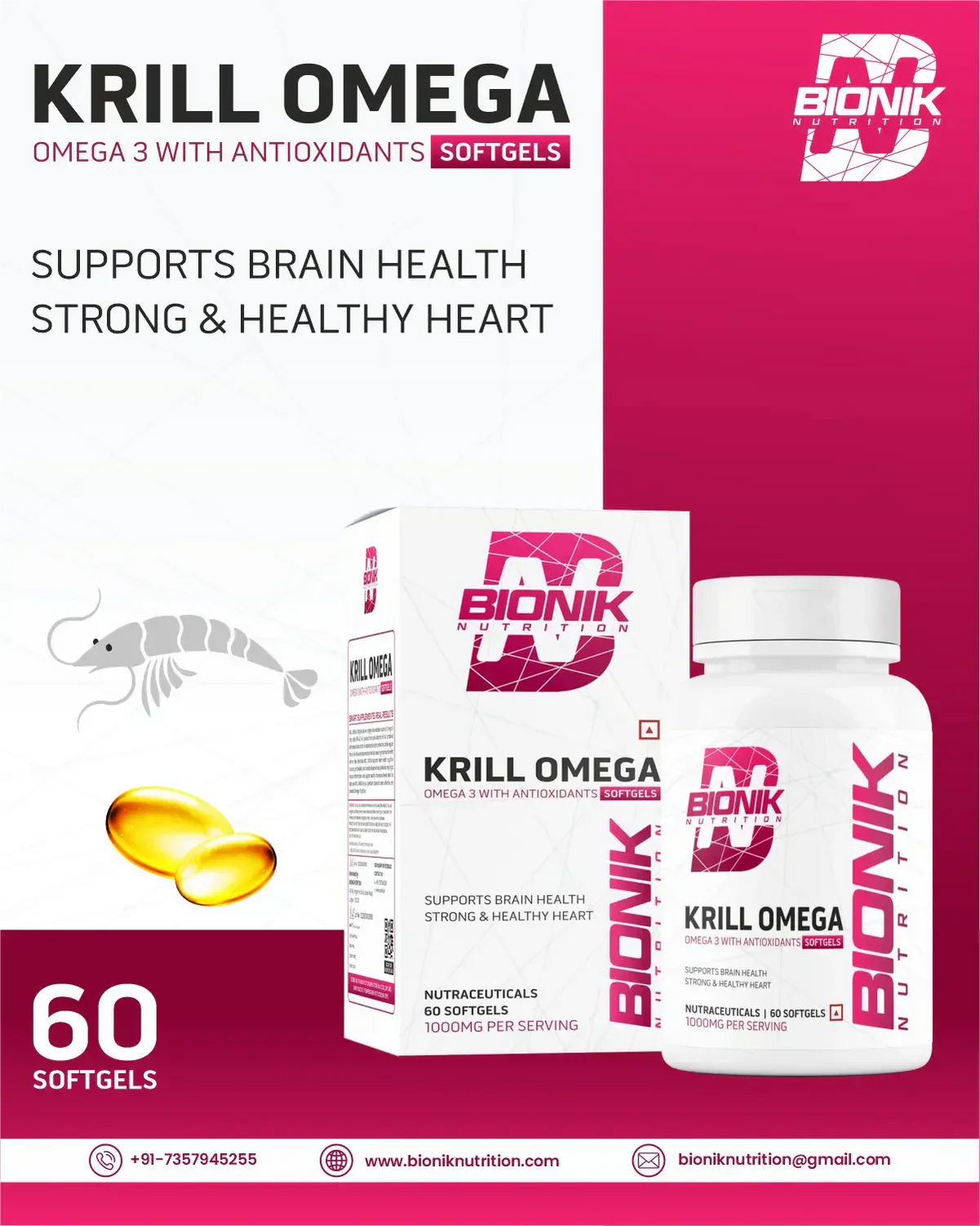 BIONIK NUTRITION Krill Omega Softgels bottle showing 60 softgel capsules with label highlighting EPA, DHA, and Astaxanthin.