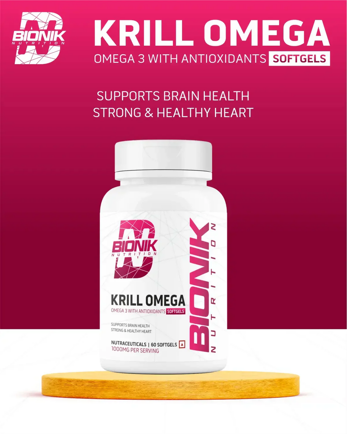 BIONIK NUTRITION Krill Omega Softgels bottle showing 60 softgels, containing EPA, DHA, and astaxanthin for omega 3 health.