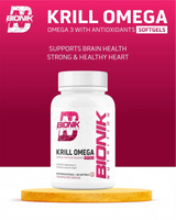BIONIK NUTRITION Krill Omega Softgels bottle showing 60 softgels, containing EPA, DHA, and astaxanthin for omega 3 health.