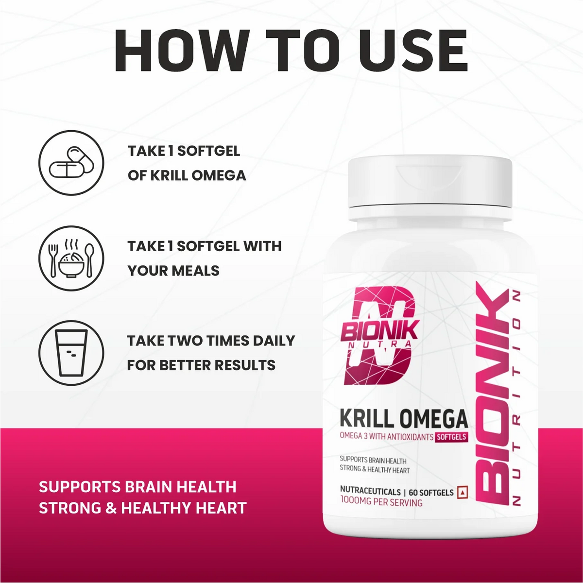 BIONIK NUTRITION Krill Omega Softgels bottle with 60 omega-3 softgels featuring EPA, DHA, and astaxanthin for joint and heart health.