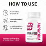 BIONIK NUTRITION Krill Omega Softgels bottle with 60 omega-3 softgels featuring EPA, DHA, and astaxanthin for joint and heart health.