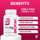 BIONIK NUTRITION Krill Omega Softgels with EPA, DHA, and Astaxanthin, 60 softgels, softgel capsules in a bottle.