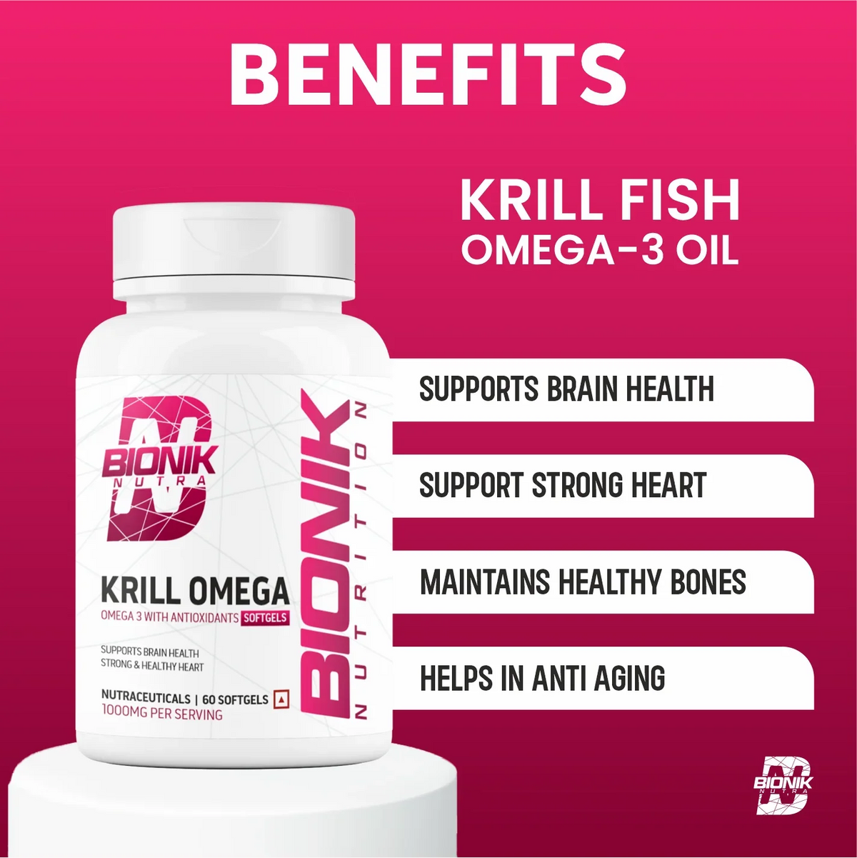 BIONIK NUTRITION Krill Omega Softgels with EPA, DHA, and Astaxanthin, 60 softgels, softgel capsules in a bottle.