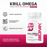 BIONIK NUTRITION Krill Omega Softgels bottle with 60 softgels, featuring EPA, DHA, and Astaxanthin for omega 3 supplement.