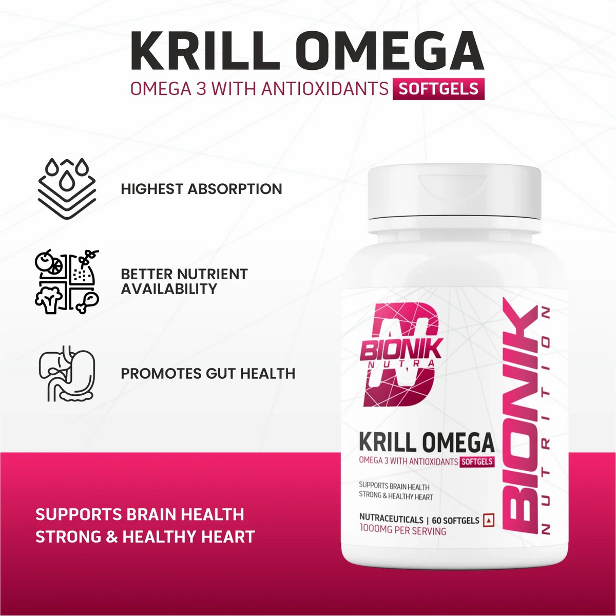 BIONIK NUTRITION Krill Omega Softgels bottle with 60 softgels, featuring EPA, DHA, and Astaxanthin for omega 3 supplement.