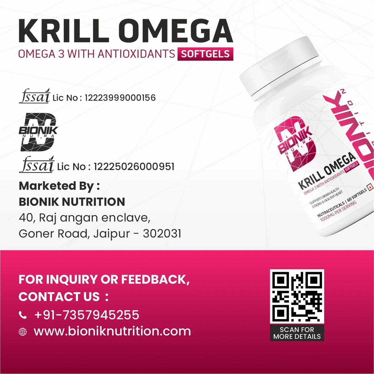 BIONIK NUTRITION Krill Omega Softgels with EPA, DHA, and Astaxanthin in a bottle of 60 softgels for healthy omega 3 intake.