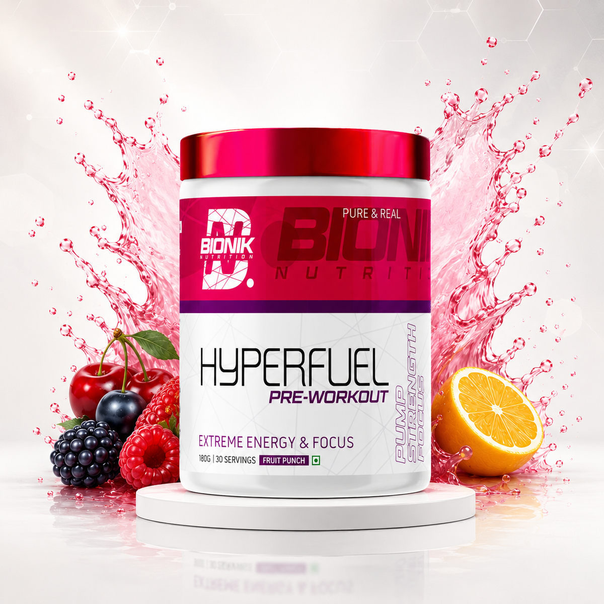BIONIK NUTRITION Hyperfuel Pre-Workout Supplement in 180g container, showing the supplement powder and packaging.
