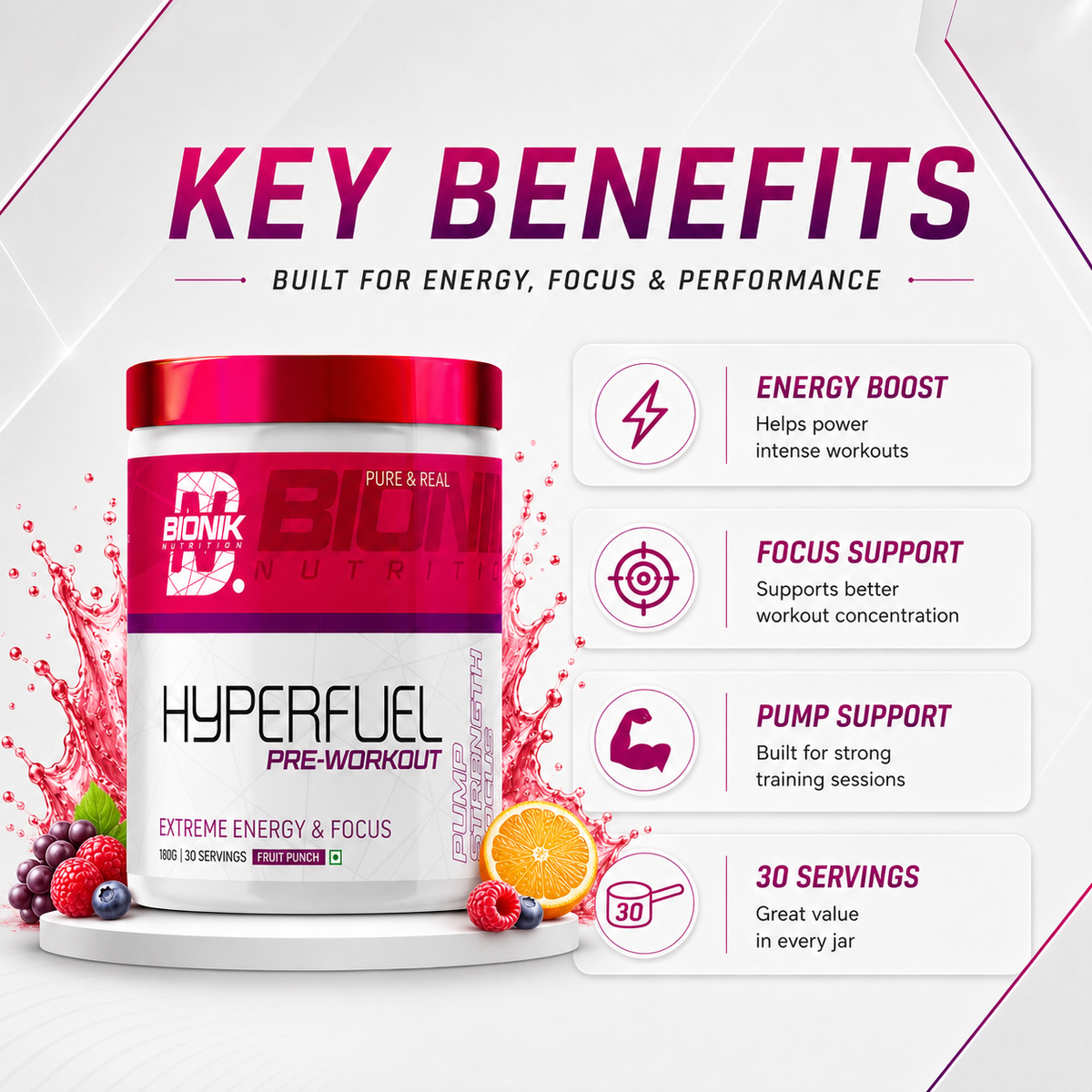 BIONIK NUTRITION Hyperfuel Pre-Workout supplement container showing the 180g label and supplement packaging.
