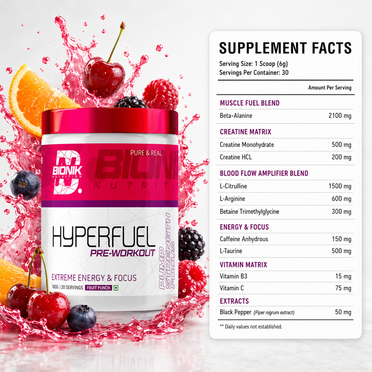BIONIK NUTRITION Hyperfuel Pre-Workout supplement container with label, 180g jar of pre-workout powder for energy and performance.