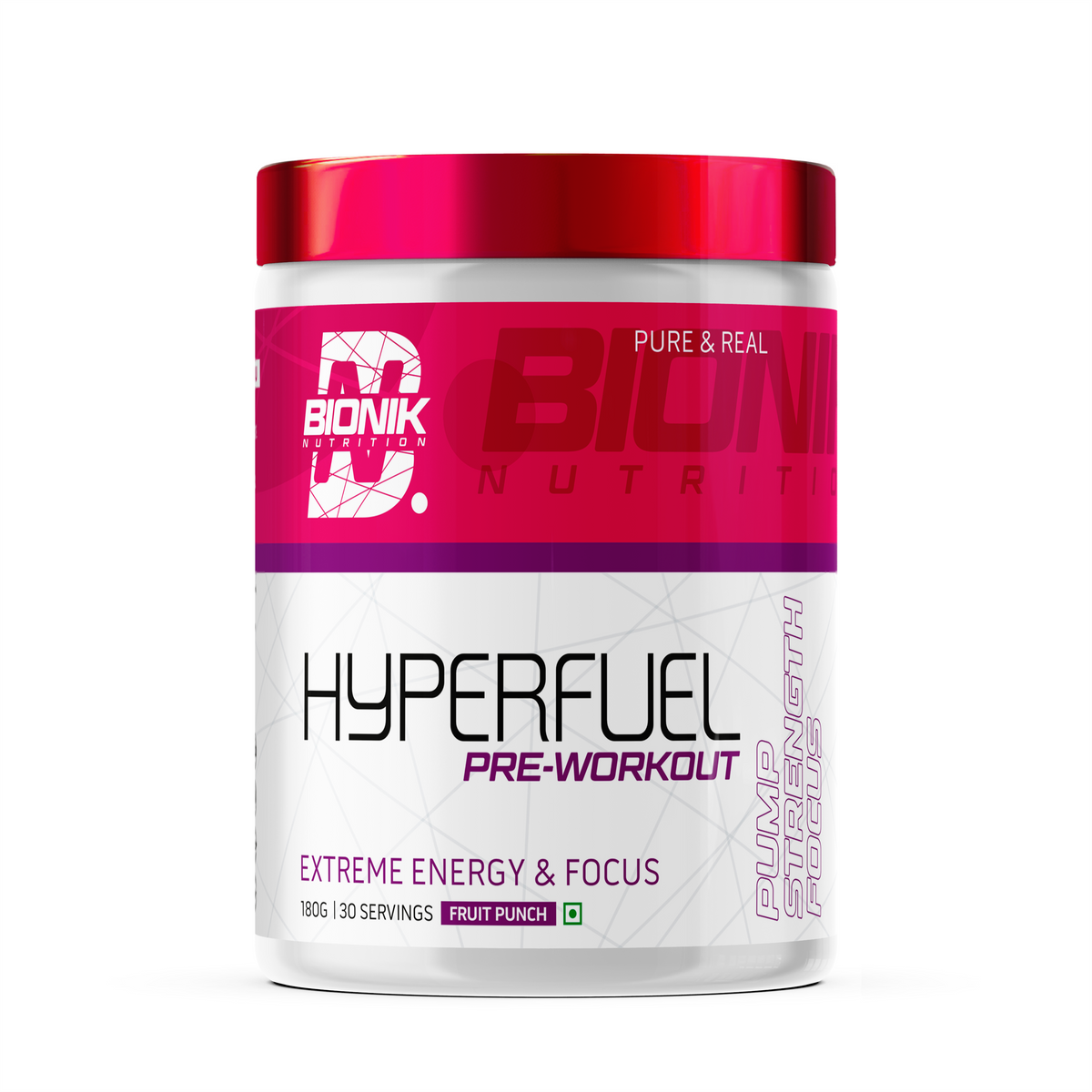 BIONIK NUTRITION Hyperfuel Pre-Workout supplement container with label, showing 180g capacity and vibrant branding design.