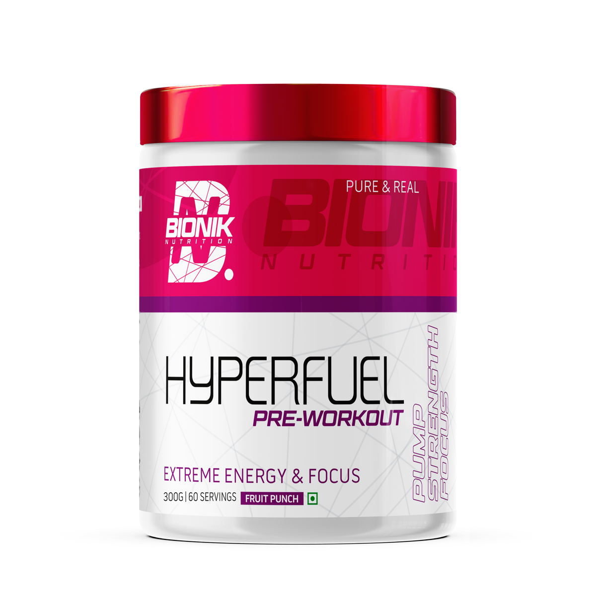 BIONIK NUTRITION Hyperfuel Pre-Workout supplement container showing label with product name and 180g package size.