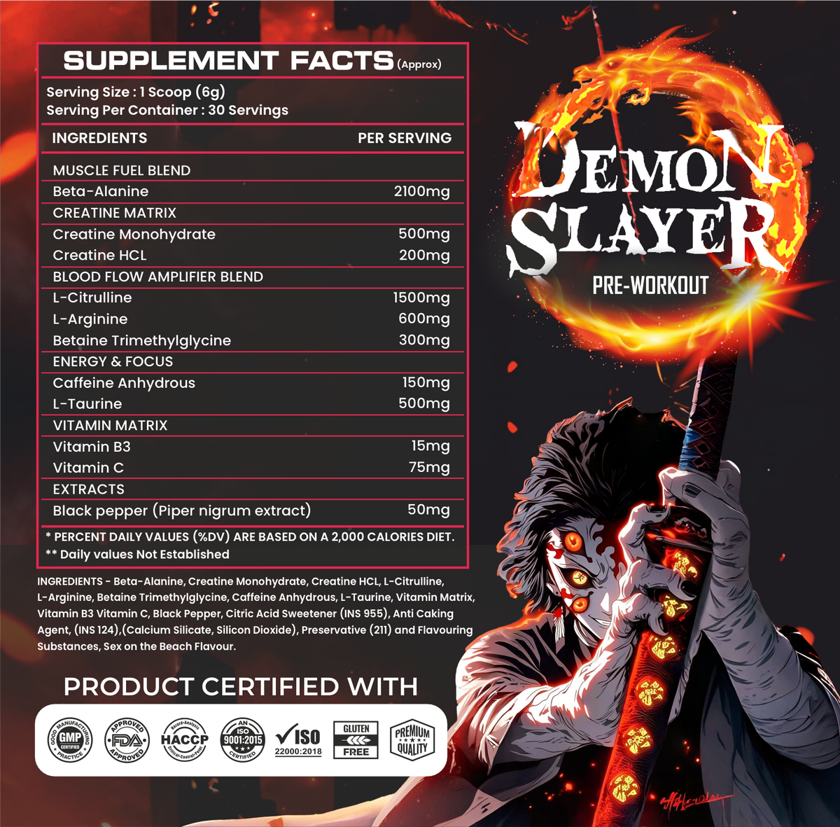 BIONIK NUTRITION Demon Slayer Pre-Workout supplement container with label showing flavor and product details.