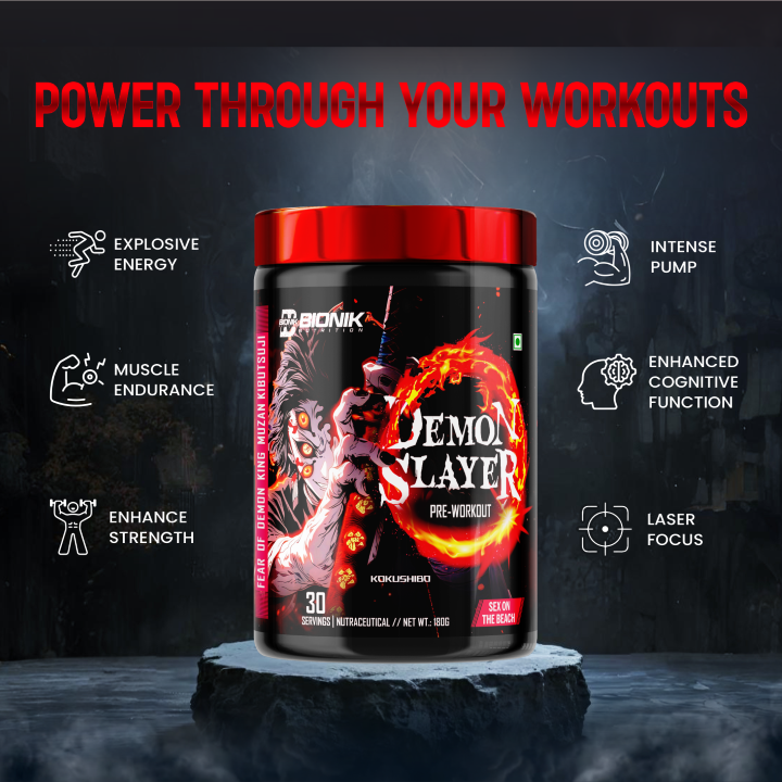 BIONIK NUTRITION Demon Slayer Pre-Workout supplement 180g container with flavor label, designed to boost workout energy and focus.