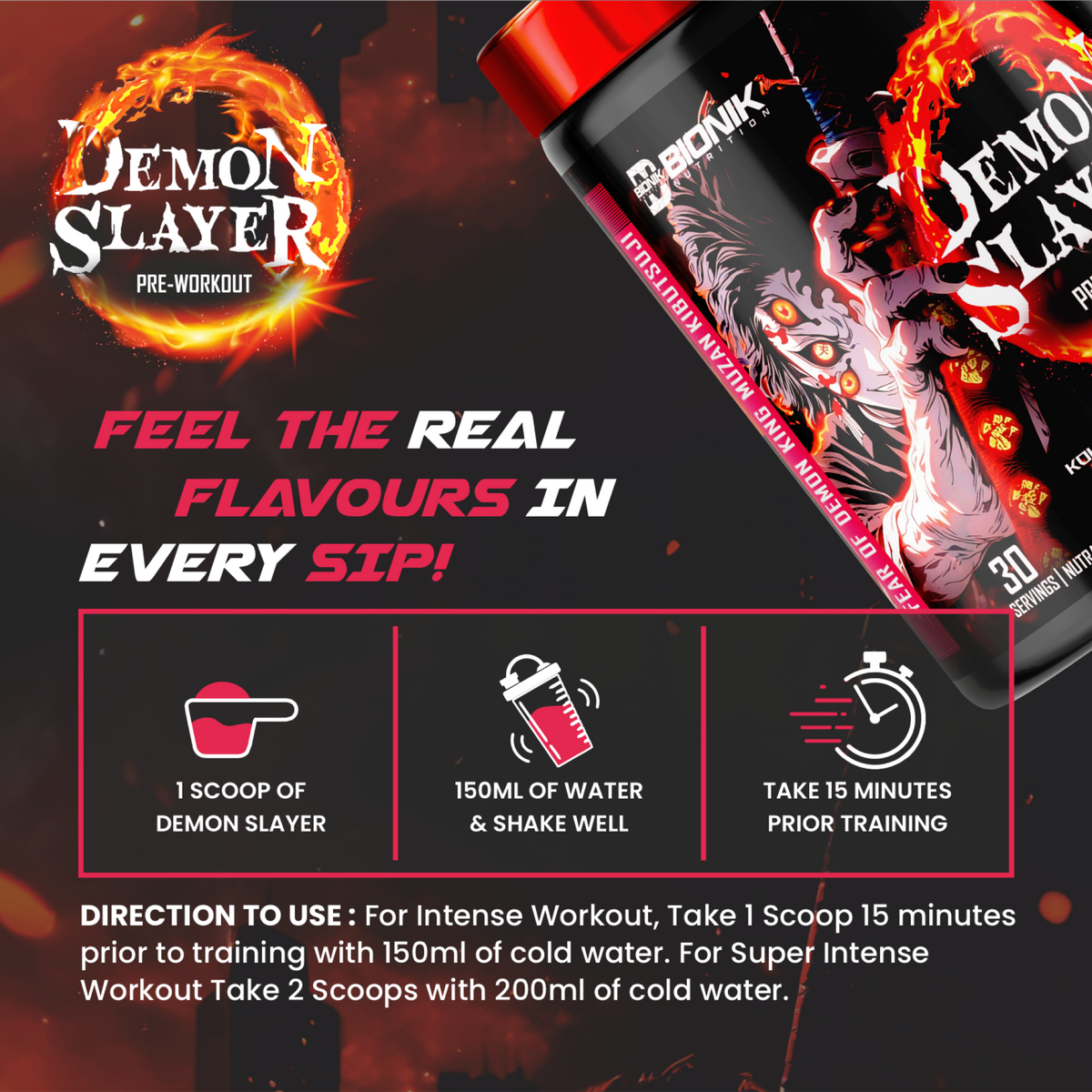 BIONIK NUTRITION Demon Slayer Pre-Workout supplement 180g jar, with flavor label showing Sex on the Beach, for energy boost.