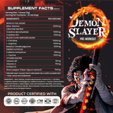 BIONIK NUTRITION Demon Slayer Pre-Workout supplement container, 180g, with colorful label featuring beach scene and product branding.