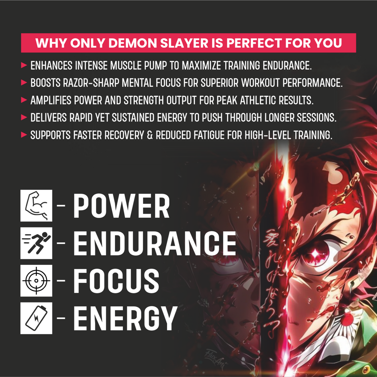 BIONIK NUTRITION Demon Slayer Pre-Workout supplement 180g container with label showing energy and fitness benefits.