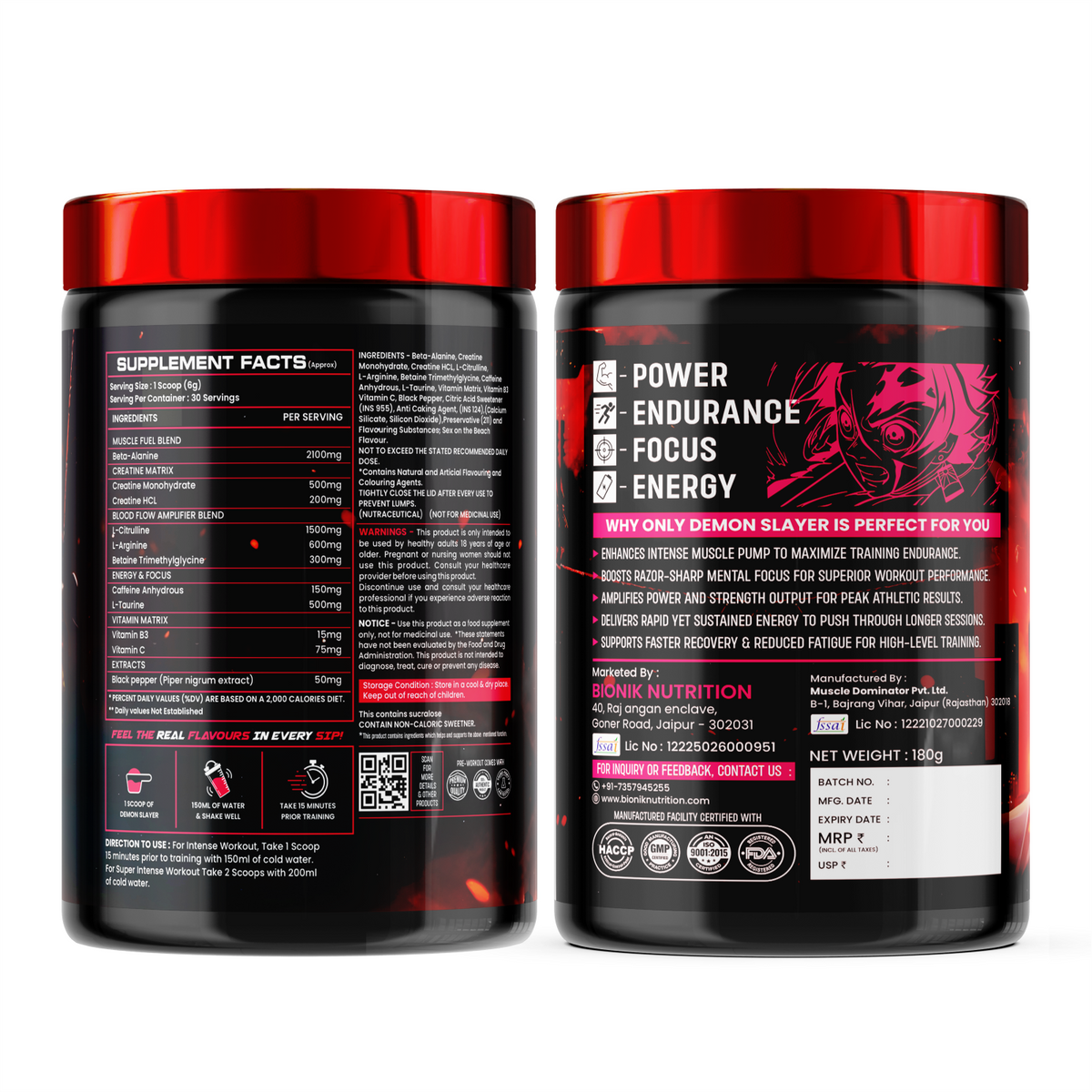 BIONIK NUTRITION Demon Slayer Pre-Workout supplement container with label, 180g, designed for energy and focus during workouts.