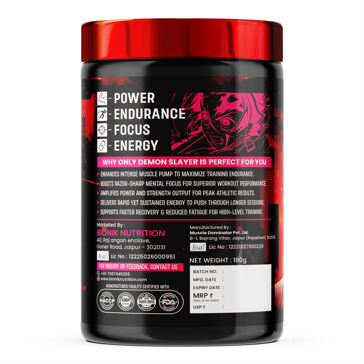 BIONIK NUTRITION Demon Slayer Pre-Workout supplement in 180g container, with orange and black label design.