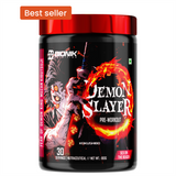 BIONIK NUTRITION Demon Slayer Pre-Workout supplement jar, 180g, with label showing flavor and product details.