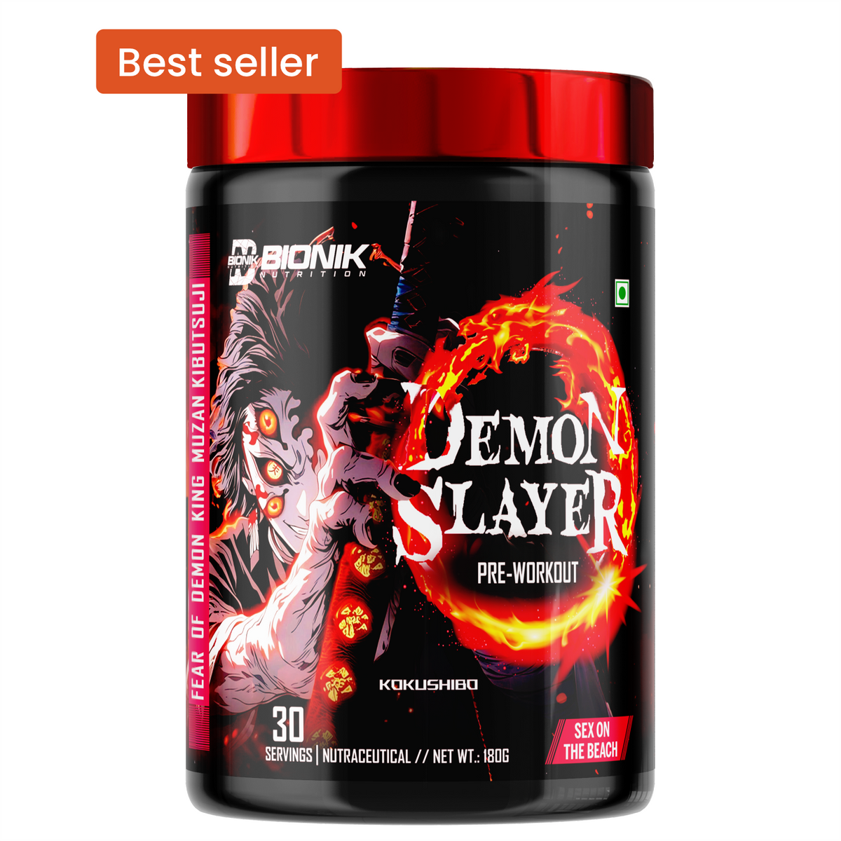BIONIK NUTRITION Demon Slayer Pre-Workout supplement jar, 180g, with label showing flavor and product details.