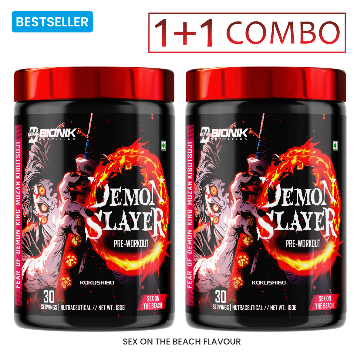 BIONIK NUTRITION Demon Slayer Pre-Workout supplement in 180g container, featuring flavor and supplement details.