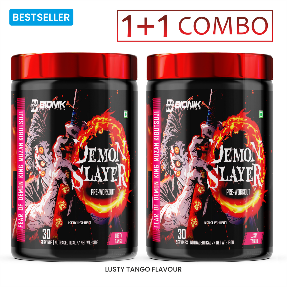 BIONIK NUTRITION Demon Slayer Pre-Workout supplement 180g with flavor label, featuring powder and scoop for athletic performance.
