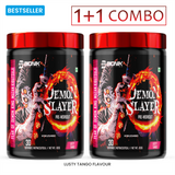 BIONIK NUTRITION Demon Slayer Pre-Workout supplement 180g with flavor label, featuring powder and scoop for athletic performance.