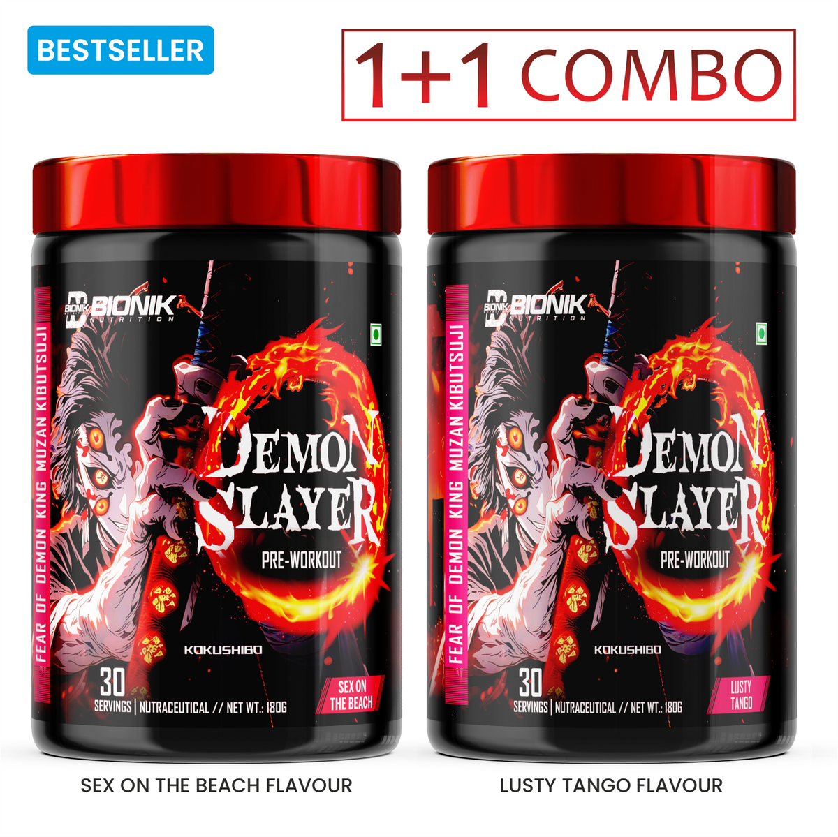 BIONIK NUTRITION Demon Slayer Pre-Workout supplement container with label, 180g, featuring vibrant design and product branding.