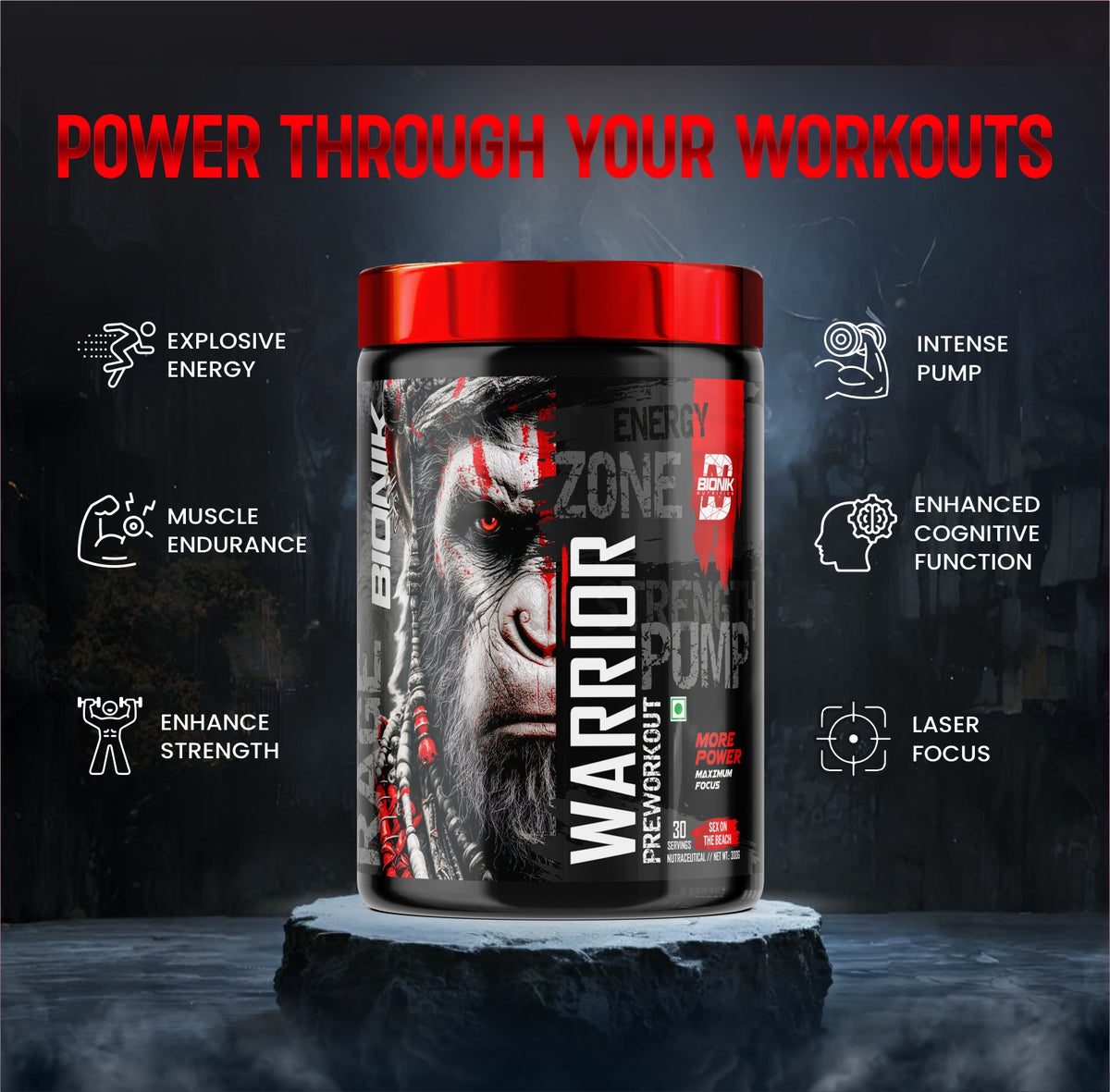 BIONIK NUTRITION Warrior Zone Pre-Workout supplement in 300g container, featuring Lusty Tango flavor and athletic packaging.