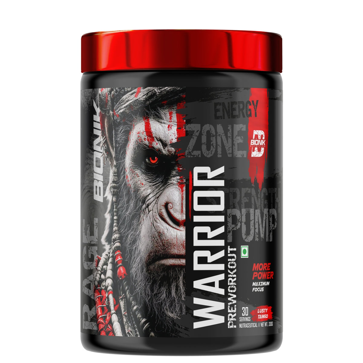 BIONIK NUTRITION Warrior Zone Pre-Workout supplement 300 g jar with label showing flavor Lusty Tango, powder inside
