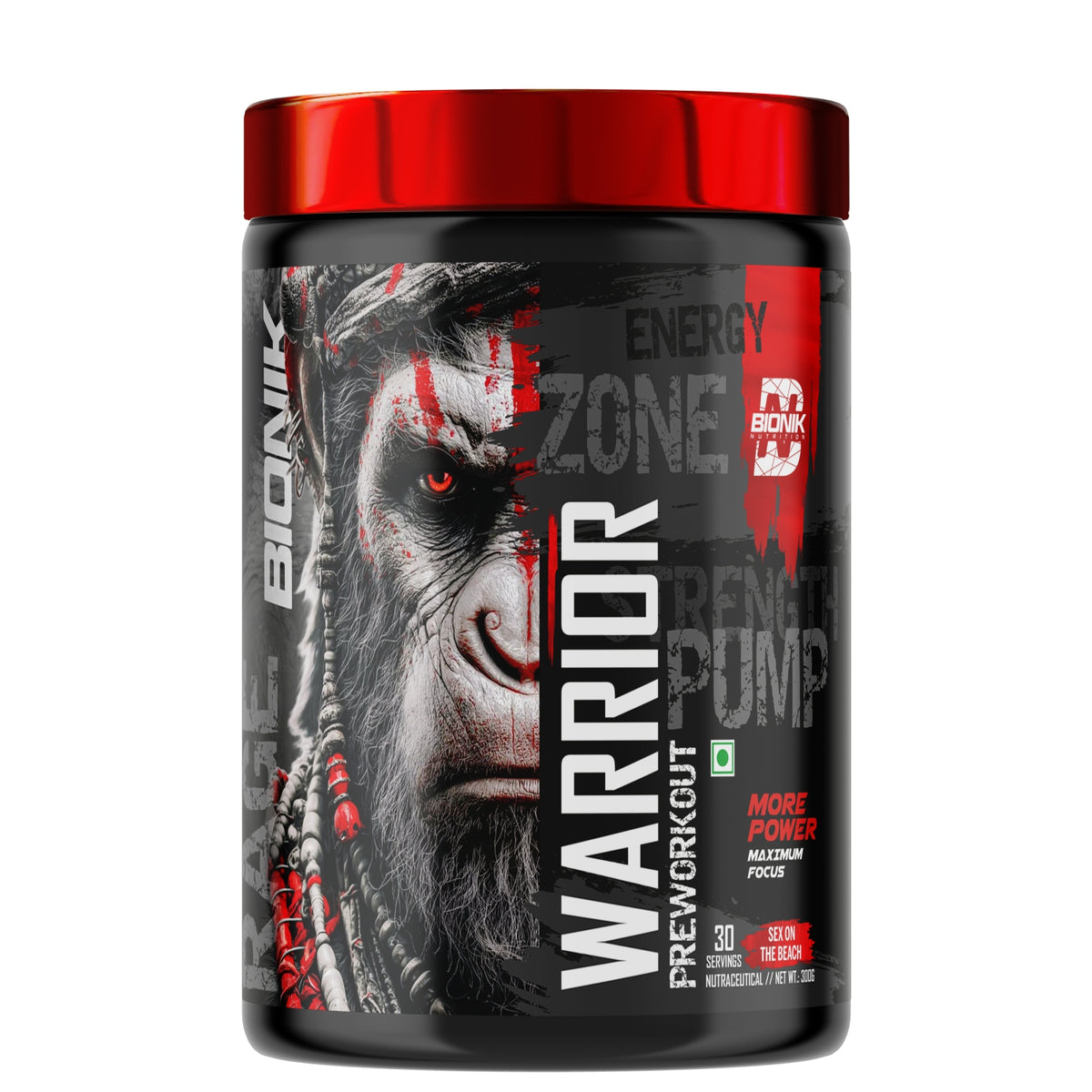 BIONIK NUTRITION Warrior Zone Pre-Workout supplement in 300g container, featuring powder with vibrant packaging label.