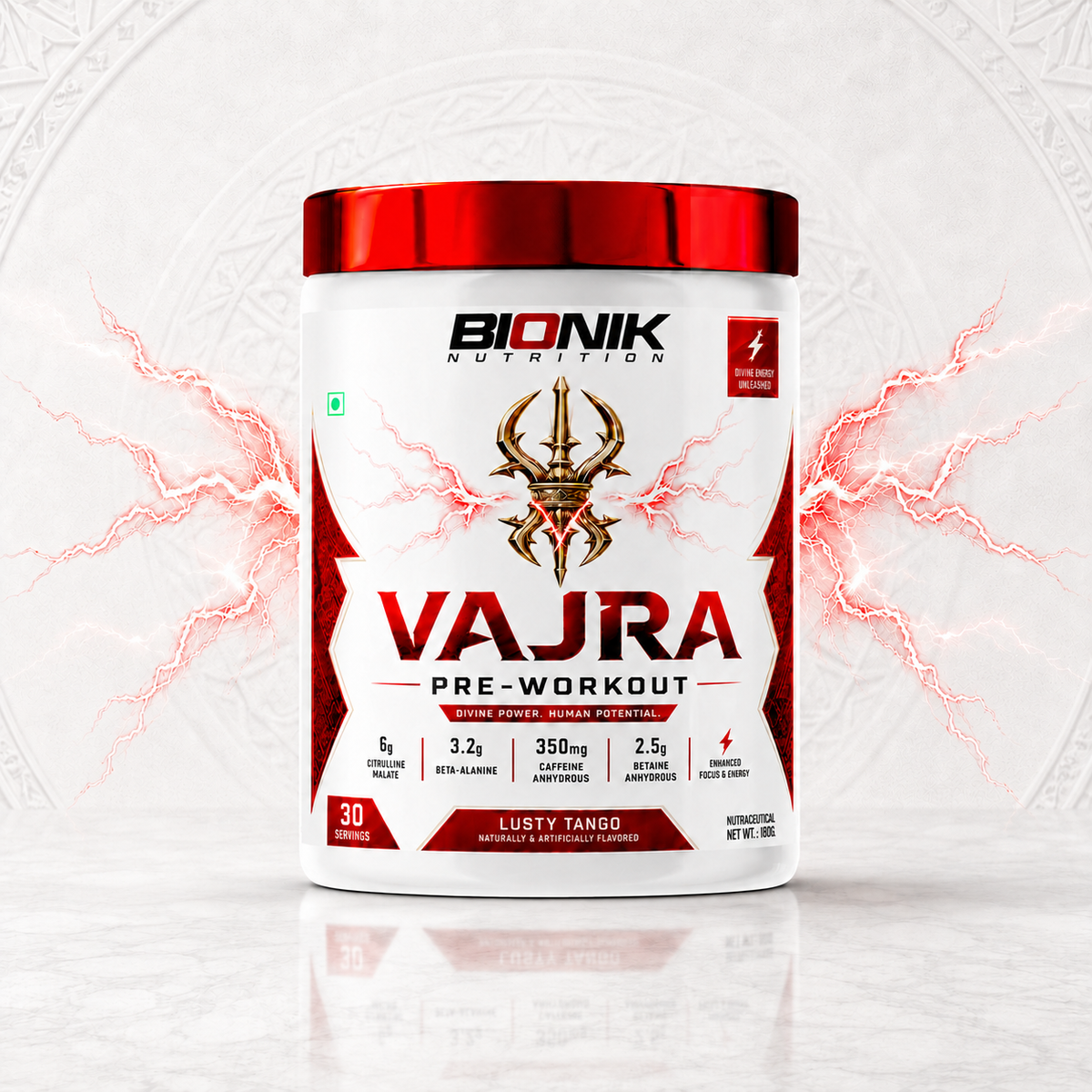 Bionik Nutrition Vajra Pre-Workout supplement container with a beach scene, showing the 180g BIONIK NUTRITION pre-workout product.