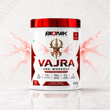 Bionik Nutrition Vajra Pre-Workout supplement container with a beach scene, showing the 180g BIONIK NUTRITION pre-workout product.