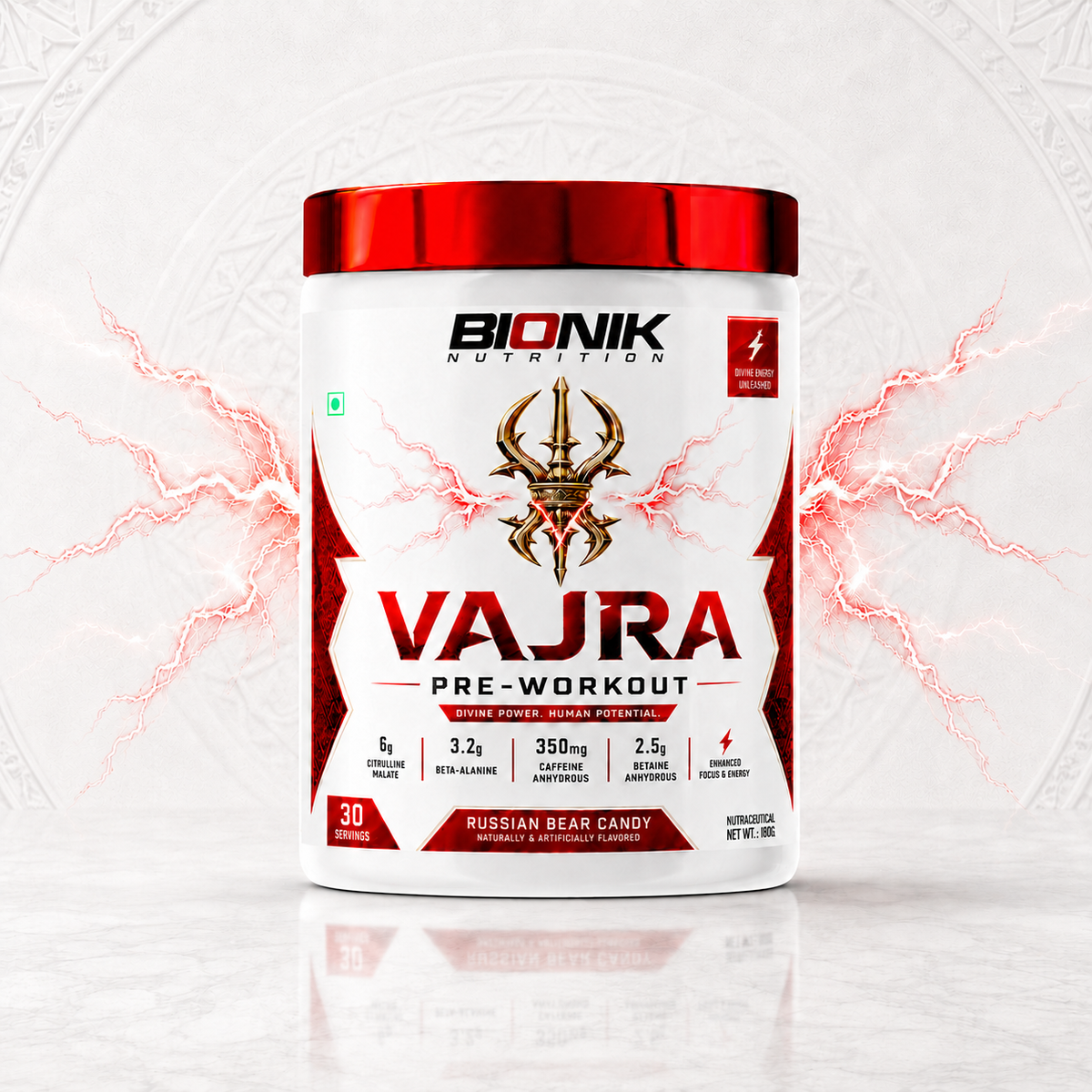 Bionik Nutrition Vajra Pre-Workout supplement container with label, 180g size, showing product details and branding.