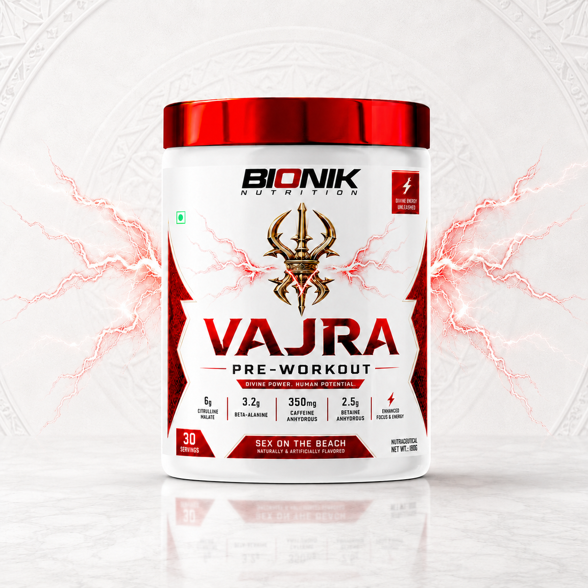 Bionik Nutrition Vajra Pre-Workout supplement container with label, showing the product on a neutral background.