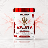 Bionik Nutrition Vajra Pre-Workout supplement container with label, showing the product on a neutral background.