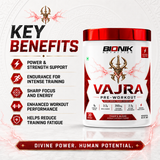 Bionik Nutrition Vajra Pre-Workout supplement container with label, highlighting Bionik Nutrition's energy-boosting pre-workout product.