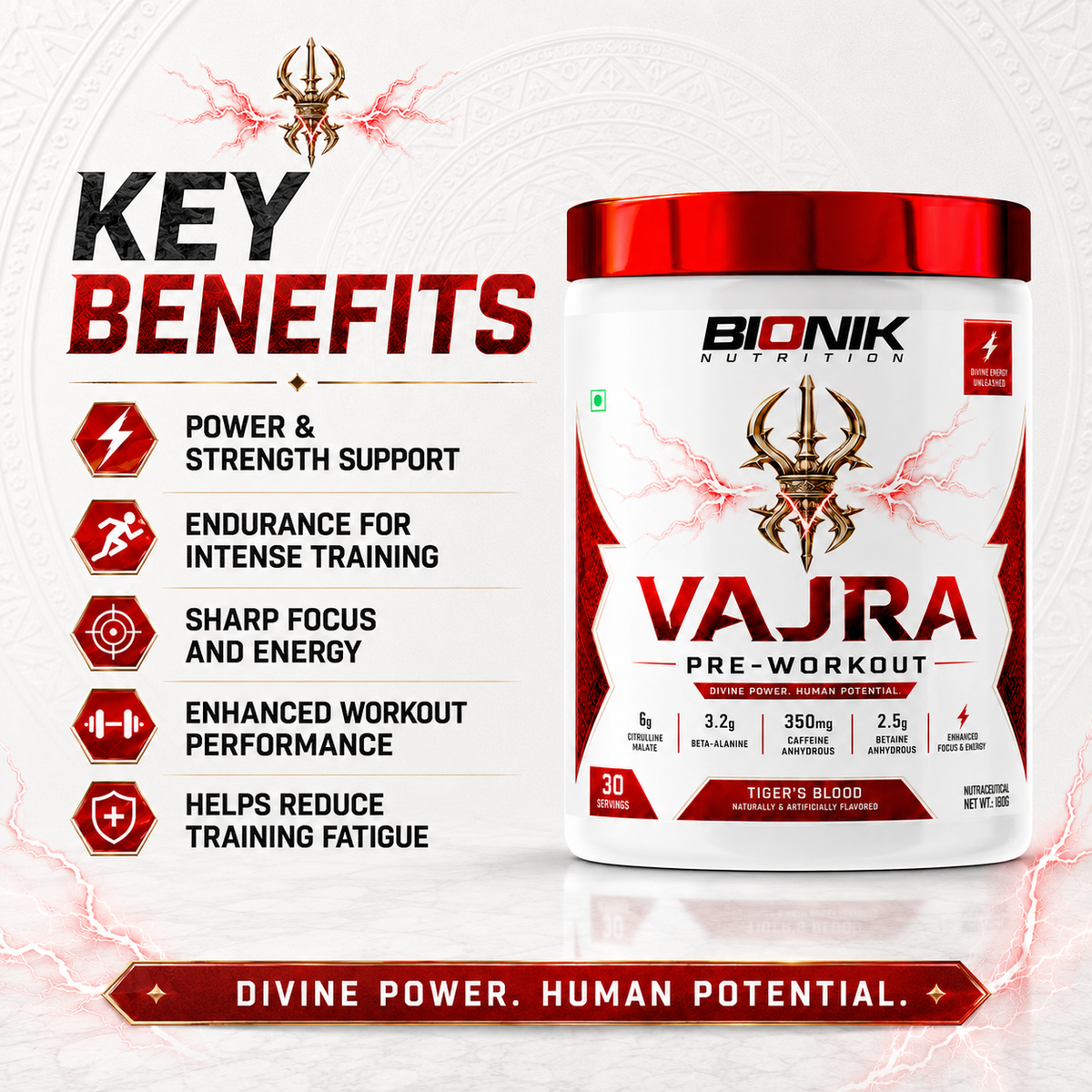 Bionik Nutrition Vajra Pre-Workout supplement container with label, highlighting Bionik Nutrition's energy-boosting pre-workout product.