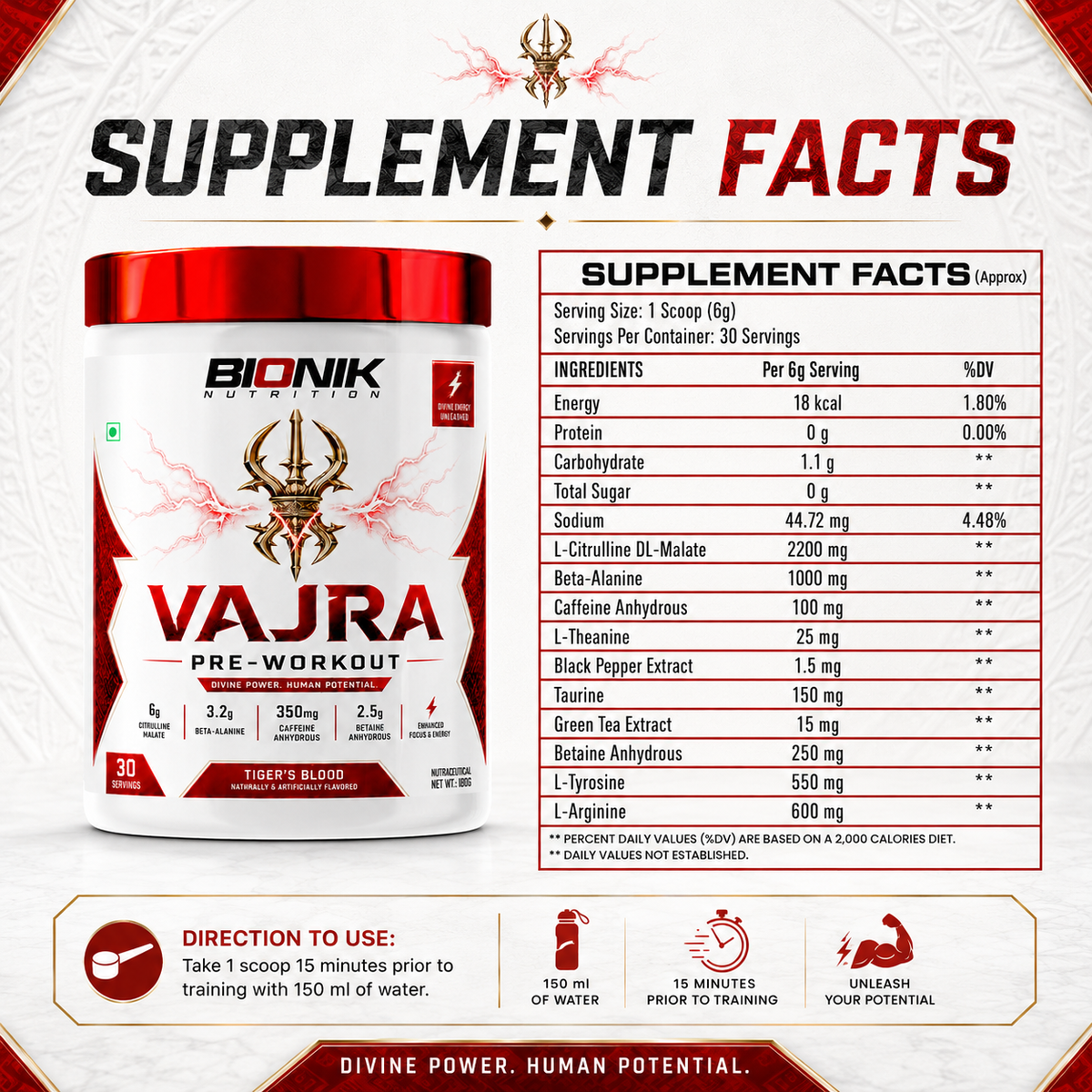 BIONIK NUTRITION Vajra Pre-Workout supplement container with label, showcasing the pre-workout powder for enhanced exercise performance