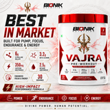 Bionik Nutrition Vajra Pre-Workout supplement container showing the product label and branding for enhanced energy and focus