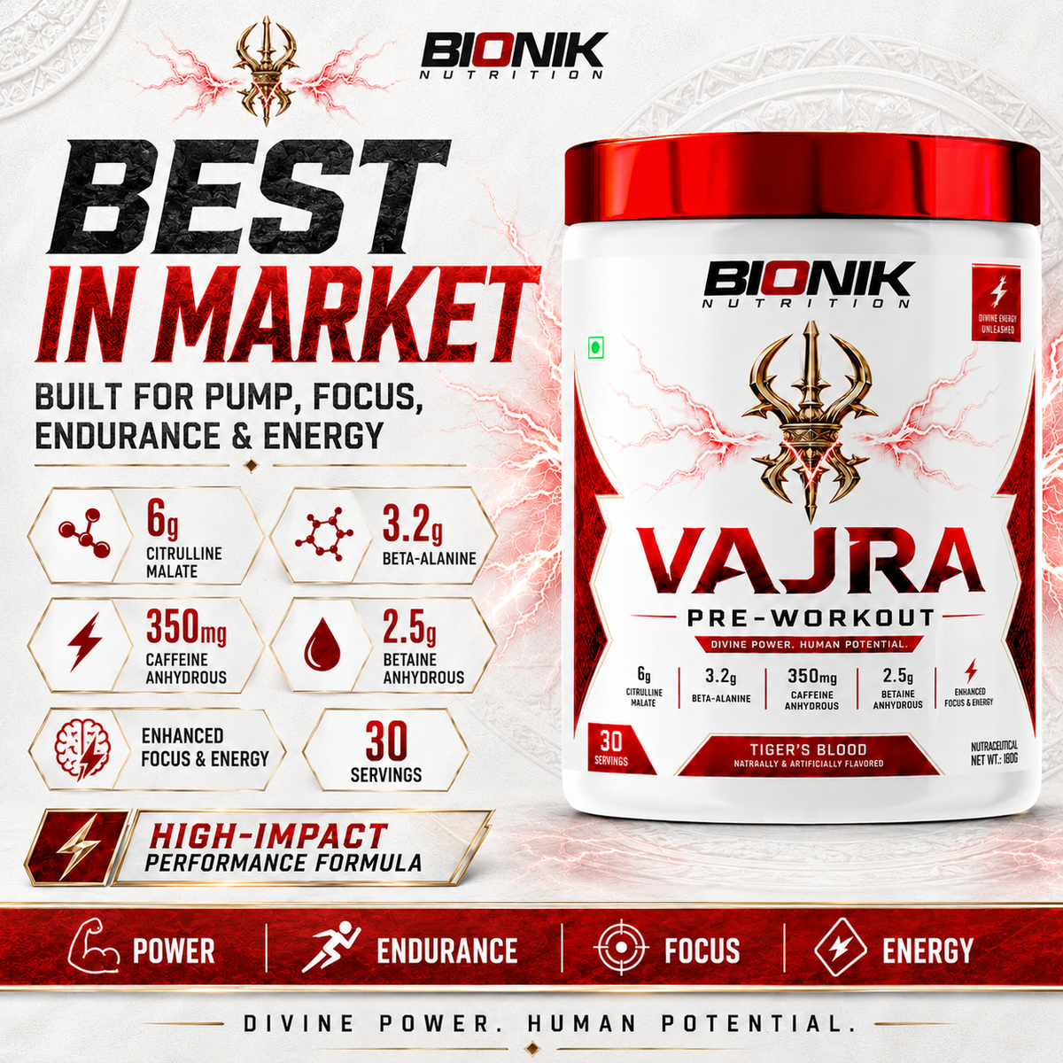 Bionik Nutrition Vajra Pre-Workout supplement container showing the product label and branding for enhanced energy and focus