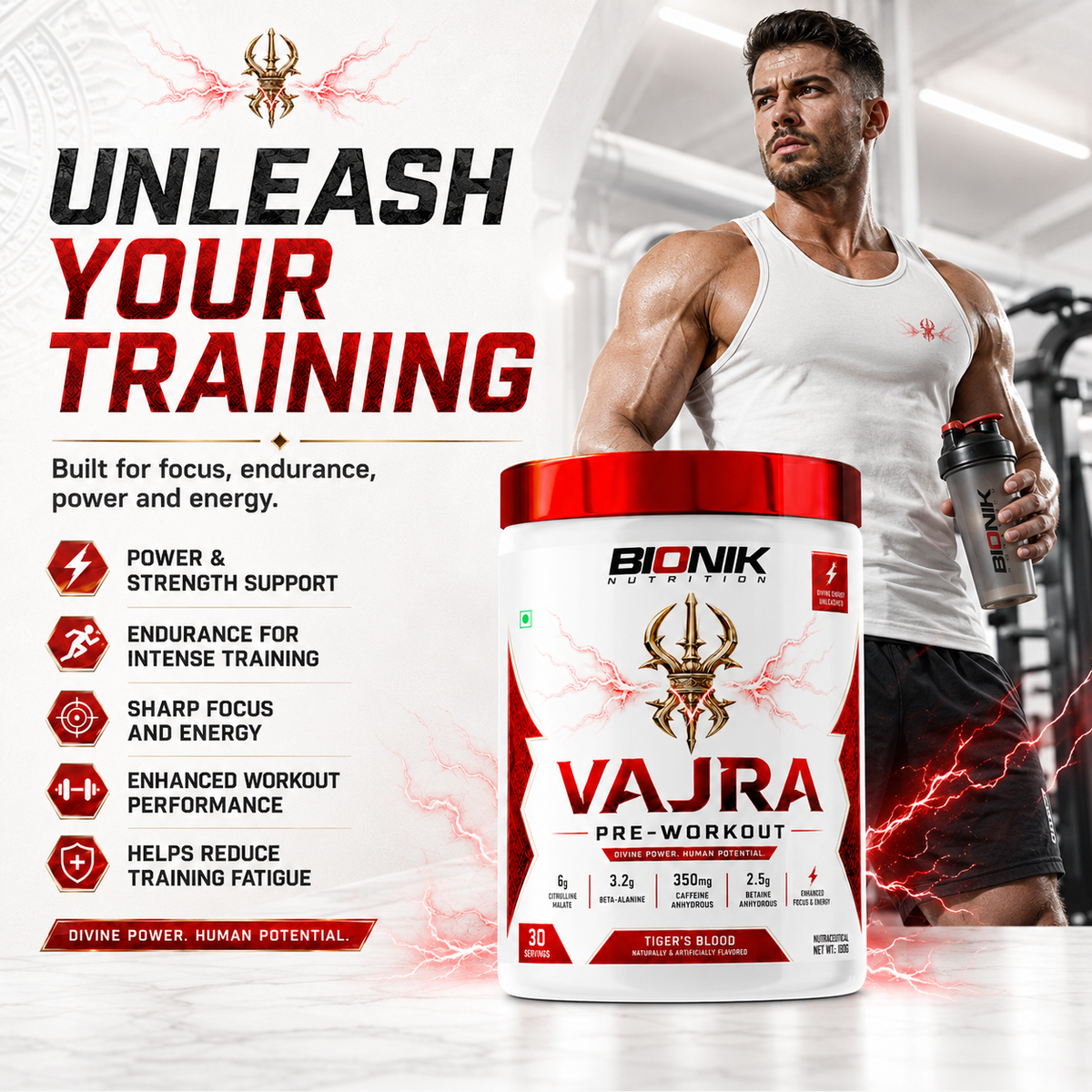 Bionik Nutrition Vajra Pre-Workout supplement container, showing the product label and 180g size for enhanced workout energy